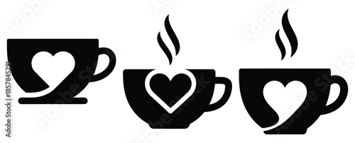 heart coffee cup icon silhouette icon set, black color and white background