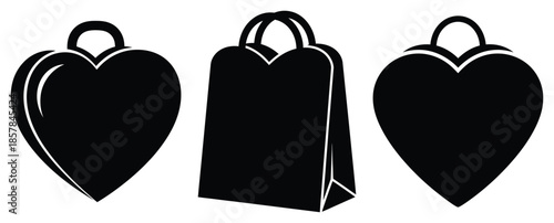 heart gift bag icon silhouette icon set, black color and white background