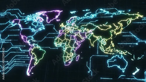 Neon world map on black background
