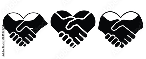 heart handshake silhouette icon set, black color and white background