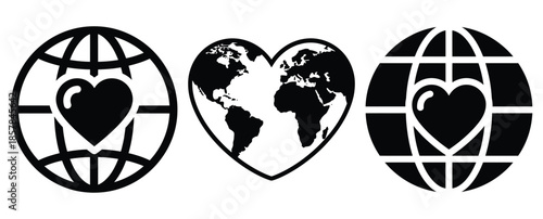 heart globe silhouette icon set, black color and white background