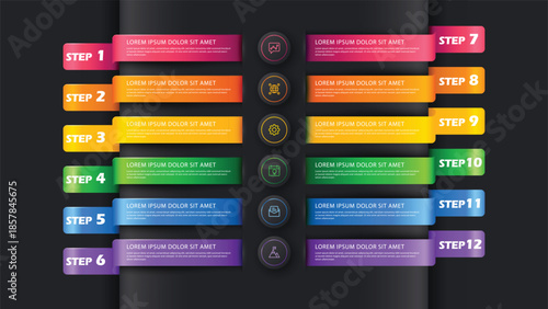 12 Step Dark Mode Business Infographic. Colorful Ribbon Banners with Central Line Icons. Modern Vector Template for Detailed Workflow, Procedures, and Processes