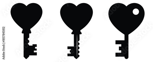 heart key silhouette icon set, black color and white background