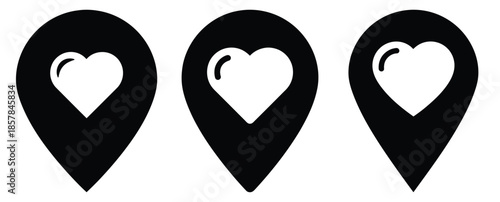heart location pin icon silhouette icon set, black color and white background