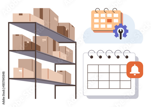 Shelving unit with cardboard boxes, wall calendar, and gear settings icon. Ideal for logistics, inventory, supply chain, e-commerce, time management organization planning. Simple flat metaphor