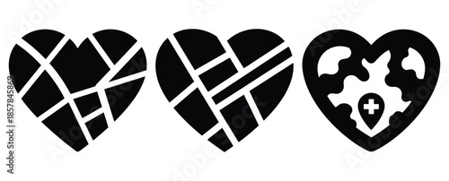 heart map silhouette icon set, black color and white background