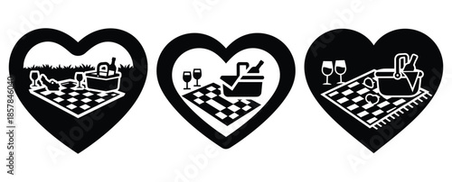 heart picnic silhouette icon set, black color and white background