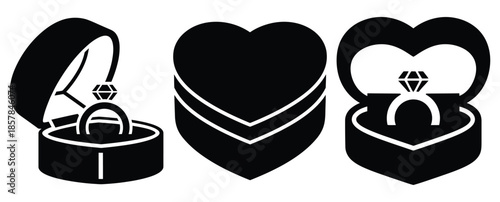 heart proposal ring icon silhouette icon set, black color and white background