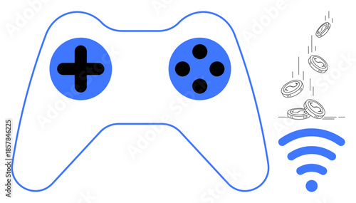 Online gaming, digital rewards, mobile games, esports, wireless technology, in-app purchases. Simple game controller, coins falling and a wireless symbol. Online gaming and digital rewards