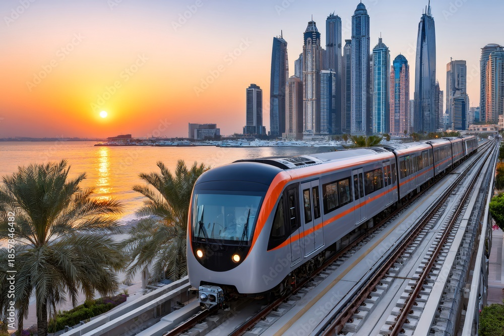 Fototapeta premium Dubai metro train moving past marina skyscrapers at sunset