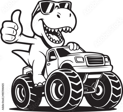 Cool T-Rex Riding Monster Truck Vector – Black and White Silhouette Illustration