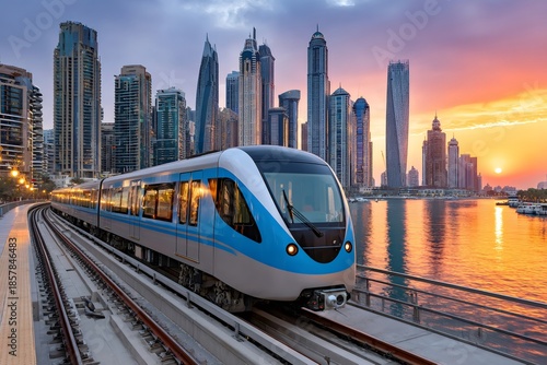 Obraz na płótnie Dubai metro train moving through marina at sunset