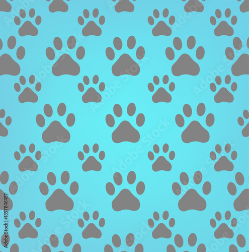 Seamless paw print pattern on blue gradient background 