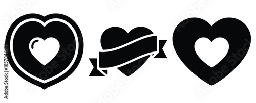love badge silhouette icon set, black color and white background