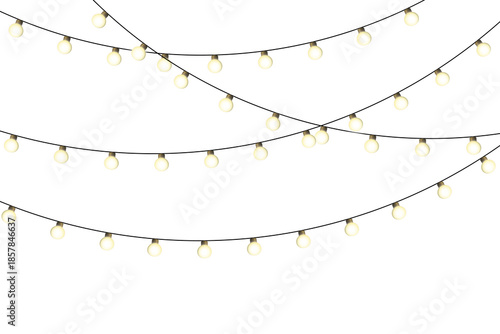 Glowing festive garland lights on transparent background. Yellow warm decoction PNG bulbs