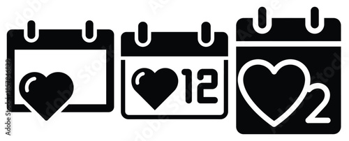 love calendar date icon silhouette icon set, black color and white background