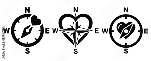 love compass silhouette icon set, black color and white background