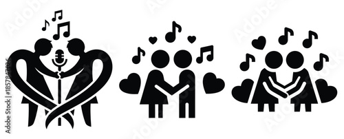 love concert silhouette icon set, black color and white background