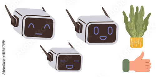 Robots displaying emotions with happy, neutral, and sad faces. Green plant for growth and collaboration. Hand gesture as positive feedback. Ideal for teamwork, AI, emotion, feedback growth