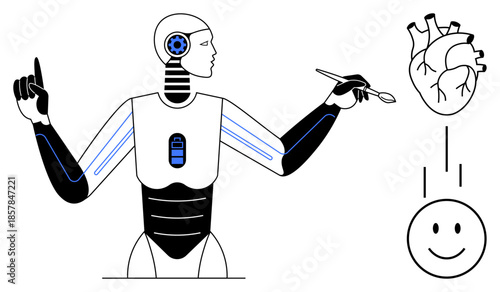 Artificial intelligence theme. AI robot interacting with human emotions through a heart symbol and smile. Artificial intelligence shaping future innovation. For technology, healthcare, emotions