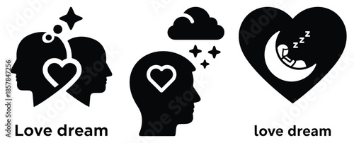 love dream silhouette icon set, black color and white background