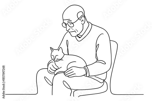 Elderly man in glasses gently holding a cat on his lap, minimalist line art