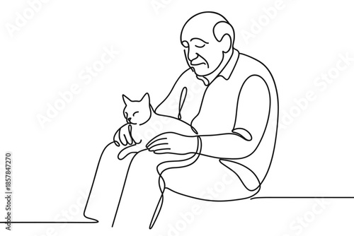 Elderly man gently holding a contented cat in a minimalist continuous line drawing style