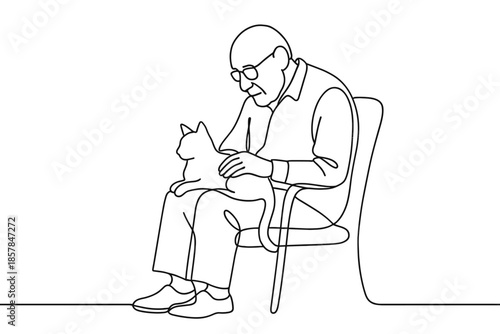 Elderly man with glasses petting a cat while sitting on a chair, minimalist line art