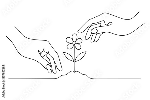 Two hands gently reaching towards a delicate flower growing from the earth