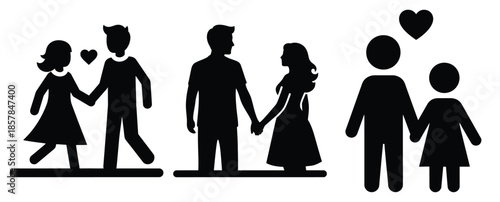 love journey couple icon silhouette icon set, black color and white background