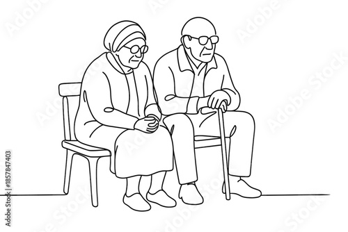 Elderly couple sitting together on a chair, depicted in a minimalist line art style