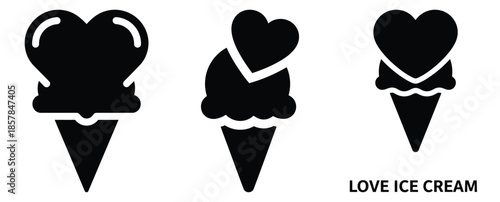 love ice cream icon silhouette icon set, black color and white background