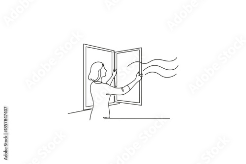 Woman opening window to let fresh air in, minimalist line art illustration