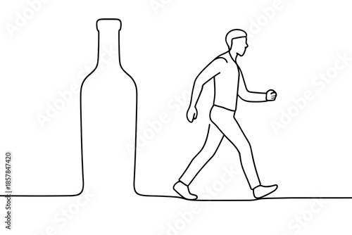 Man walking away from a large wine bottle in a minimalist line drawing style