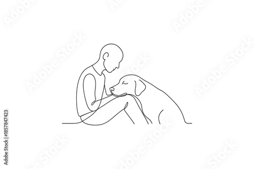 Minimalist line art of a person and dog sharing a moment of quiet companionship