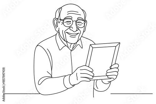 Elderly man with glasses smiling while holding a framed photograph in his hands