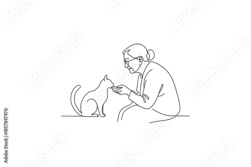 Elderly woman gently feeding a cat with her hands in a minimalist line art style