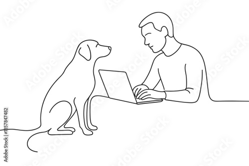Man working on laptop with dog sitting nearby, minimalist line art illustration