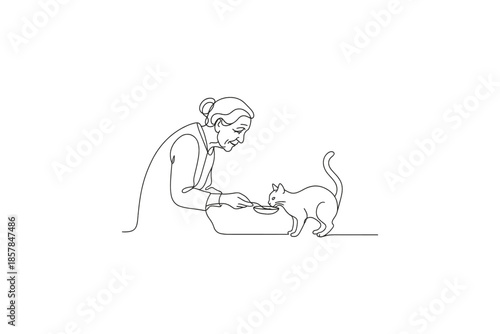 Elderly woman feeding a cat with a spoon from a bowl, minimalist line art illustration