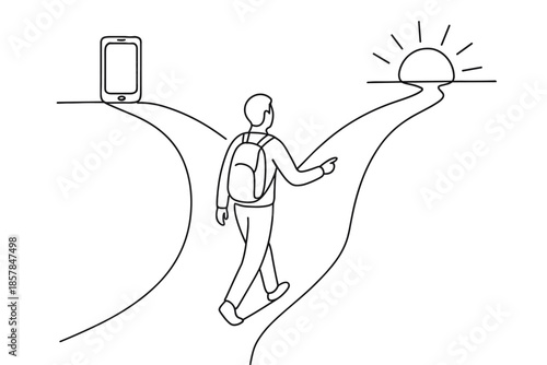 Man at a crossroads choosing between technology and nature, symbolizing life choices
