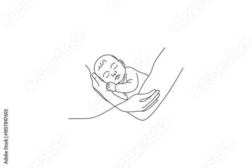 Minimalist line art shows a newborn baby sleeping peacefully in loving arms