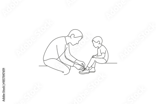 Father tying shoelaces for his son, simple line art illustration