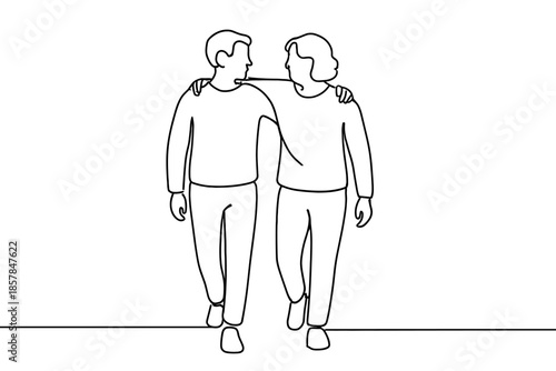 Two friends walking together with arms around each other's shoulders in a simple line drawing