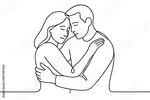 Couple embracing tenderly with eyes closed in a minimalist line art style