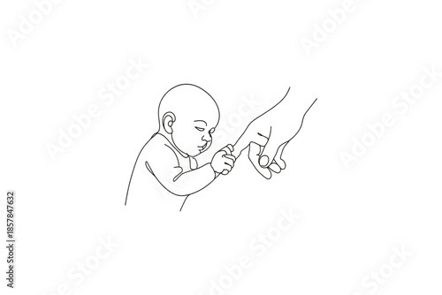 Minimalist line art of a baby holding an adult's finger, symbolizing connection and care
