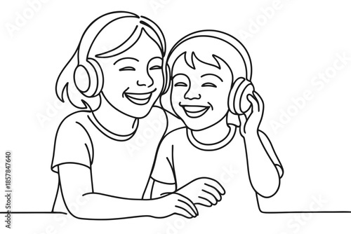 Two happy children wearing headphones and listening to music together