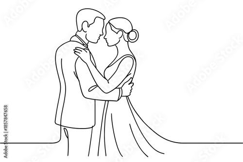 Elegant line art illustration of a bride and groom embracing tenderly on their wedding day