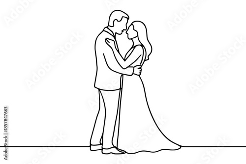 Elegant line art of a bride and groom embracing on their wedding day