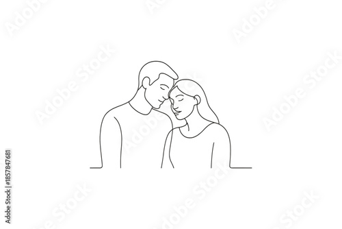 Tender line art illustration of a couple embracing with closed eyes and foreheads touching