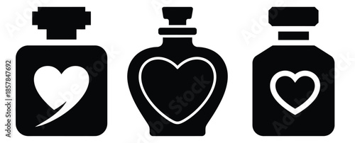 love perfume silhouette icon set, black color and white background